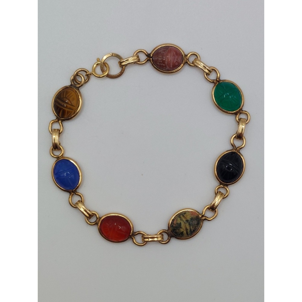 Vintage 14K Gold Egyptian Scarab Bracelet 7 Carved Natural Gemstones 8.1g Estate